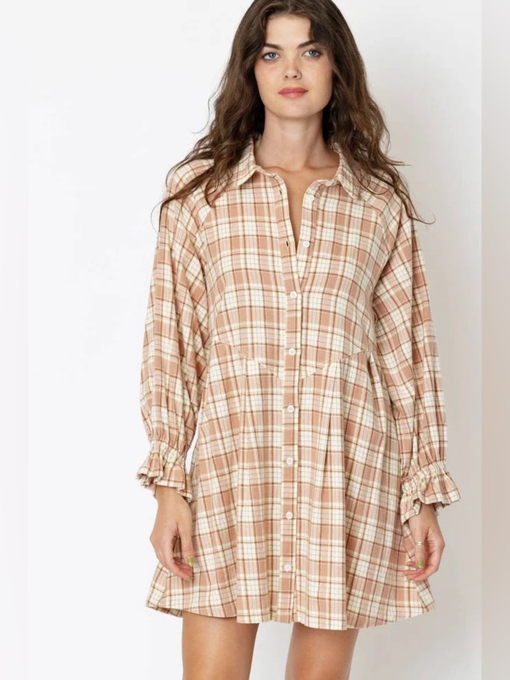 En Creme - Light Brown Plaid Flannel Shirt Dress NWT Medium Boho Western Fall